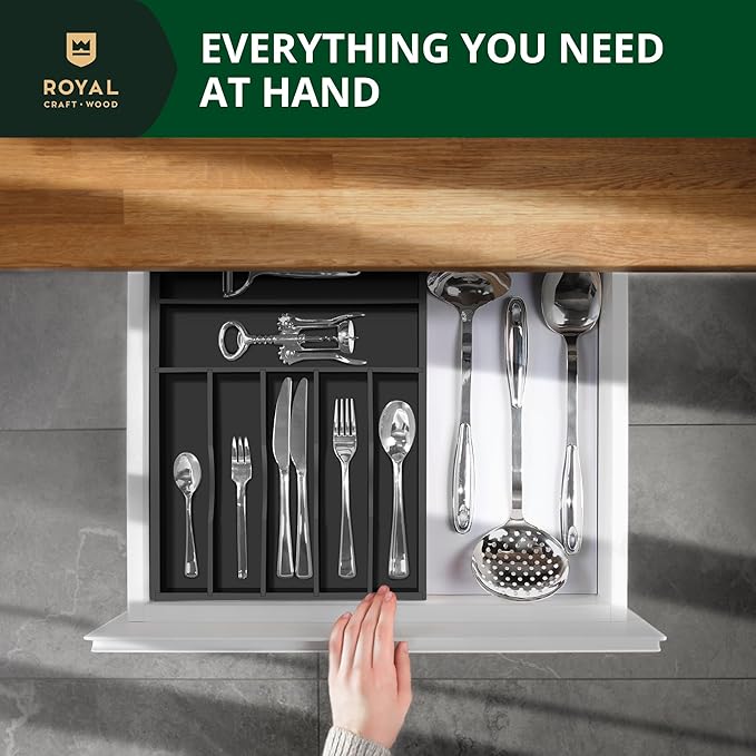 ROYAL CRAFT WOOD Luxury Bamboo Kitchen Drawer Organizer - Silverware Organizer - Utensil Holder and Cutlery Tray with Grooved Drawer Dividers for Flatware and Kitchen Utensils (7 Slot, Black)-Ruum Studio Home