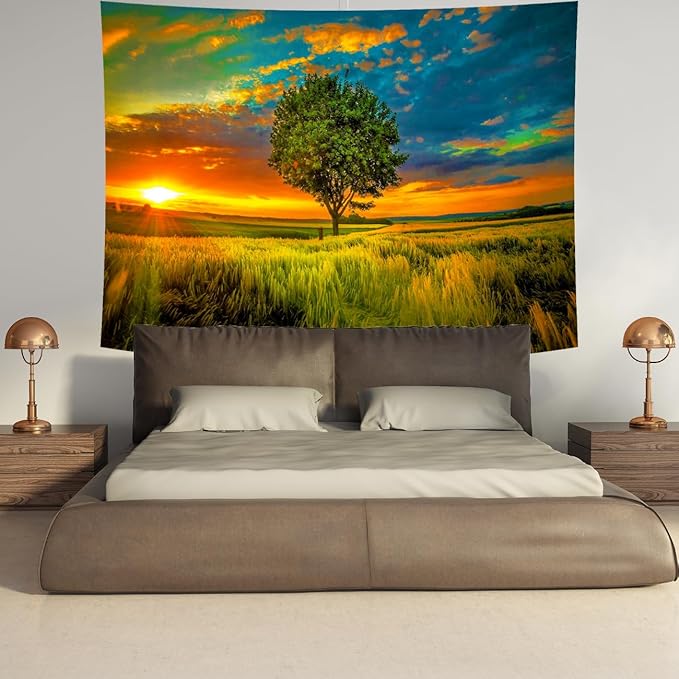 Delur Sunset Tree of Life Tapestry Forest Nature Landscape Wall Hanging Tapestry Scenic Tree Woodland Natural Sunrise Headboard for Bedroom Living Room Home Decor (59.1" x 78.7")-Ruum Studio Home