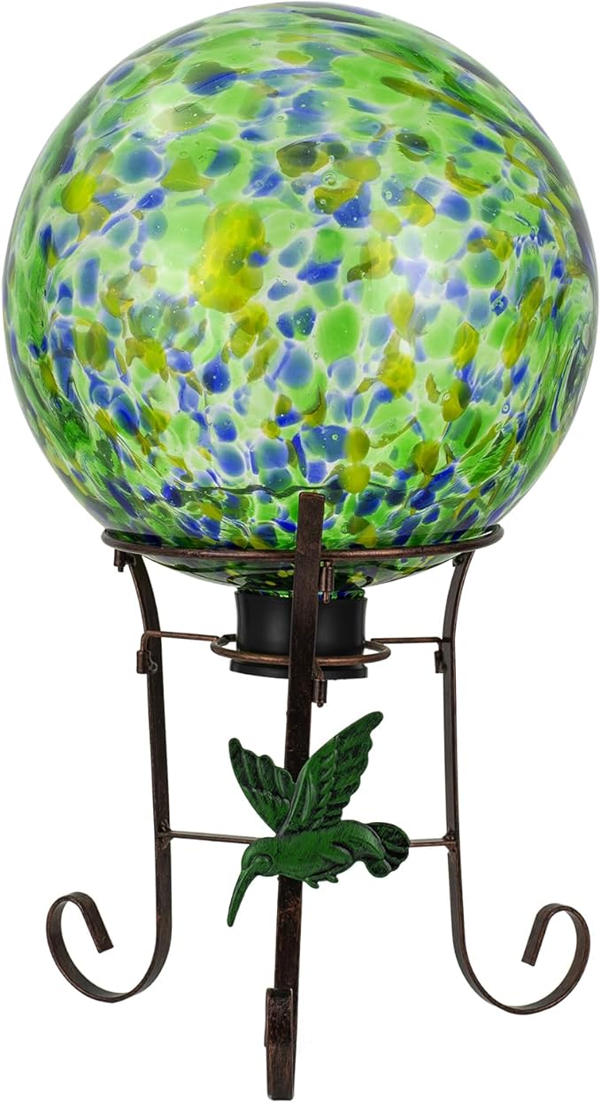 10 Inch Glass Gazing Ball, with 9.4" Tall Metal Gazing Globe Stand, Glass Balls Display Holder Set for Outdoor Garden Lawn Yard Decoration, Bright Summer Burst-Ruum Studio Home