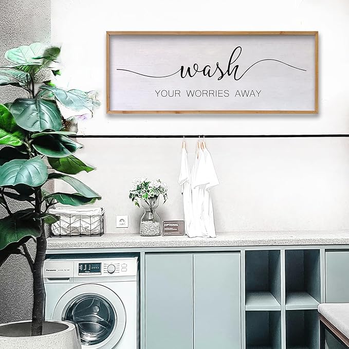 Wash Your Worries Away Bathroom Wall Art 24×10 Inch Wood Framed Decor Funny for Laundry Room Restroom Modern Rustic Inspirational Sign (Wood)-Ruum Studio Home