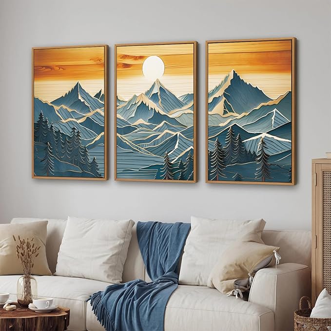 Tinonedraw Metal Mountain Framed Canvas Wall Art, Boho Mountains Artworks, Mid Century Modern Blue Ridge Wall Decor, Vintage Nature Forest Sunset Art Print for Living Room Bedroom Office 24"x36"x3-Ruum Studio Home
