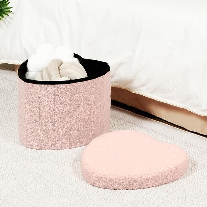 B FSOBEIIALEO Storage Ottoman Cube, Heart Shaped Ottomans with Storage Foot Stool Footrest for Lving Room, Boucle Ottoman Seat for Dorm Room,Faux Teddy Fur, Pink 15"x15"x15"-Ruum Studio Home