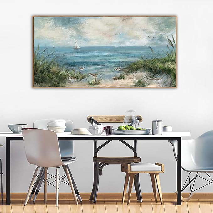 Sea Beach Framed Canvas Wall Art Vintage Seascape Canvas Prints Wall Decor Ocean Sailboat Seagull Canvas Pictures Beach Bird Reed Canvas Painting Artwork Living Room Bedroom Decoration 29" X 58"-Ruum Studio Home