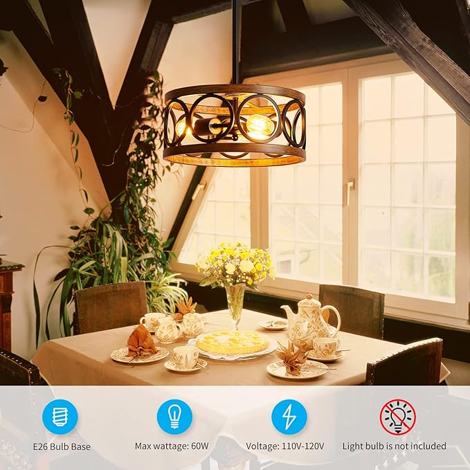 XINGQI Black Ceiling Light Adjustable Height Chandelier Modern Farmhouse Pendant Lighting Fixture Wood Grain Metal 13" Rustic Round Lights for Dining Room Kitchen Bedroom Entryway-Ruum Studio Home