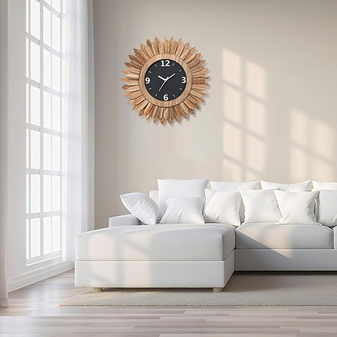 Honiway 16 Inch Wall Clocks, Rustic Wood Boho Sunburst Decorative Wall Clock Battery Operated Silent Non Ticking Farmhouse Large Wall Clocks for Living Room Kitchen Bedroom Home Decor (Rustic Brown)-Ruum Studio Home