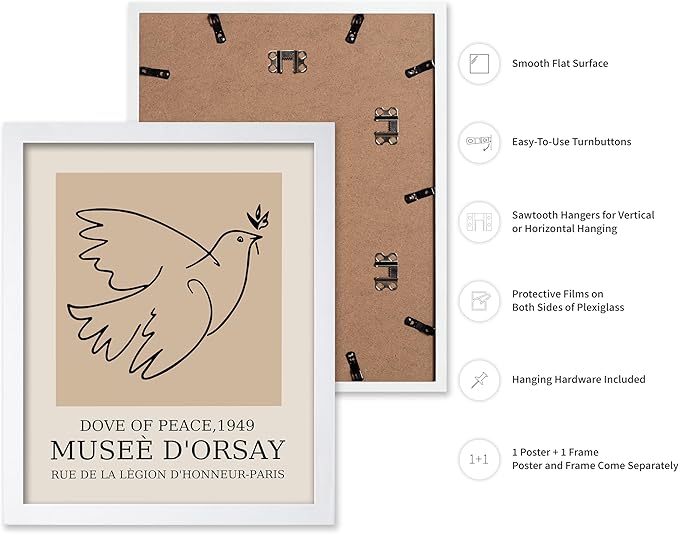 Poster Master Vintage Poster - Retro Minimalist Print - Gift for Artist, Friend - Dove Of Peace, Line Drawing, Sketch, Abstract - Wall Decor for Living Room, Bedroom, 8x10 White Framed-Ruum Studio Home