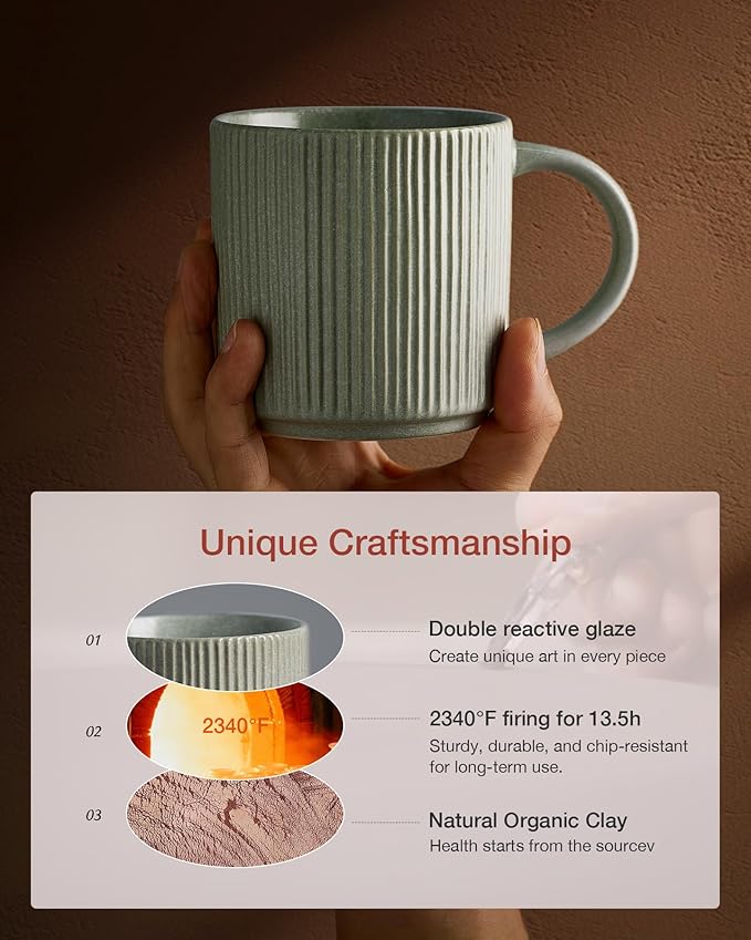 famiware Coffee Mug Set for 6, Star 12 oz Catering Mugs Cup Set with Handle for Coffee, Tea, Cocoa, Milk - Ceramic Stoneware Drinkware Set, Matte Green-Ruum Studio Home
