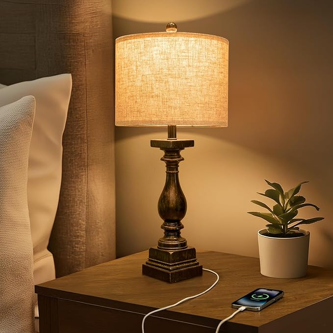 BOBOMOMO 27" Farmhouse Table Lamp Set of 2 with USB A+C for Bedroom Living Room Vintage Rustic Traditional Nightstand Bedside Lamps Retro Side Table Lamps (Black)-Ruum Studio Home