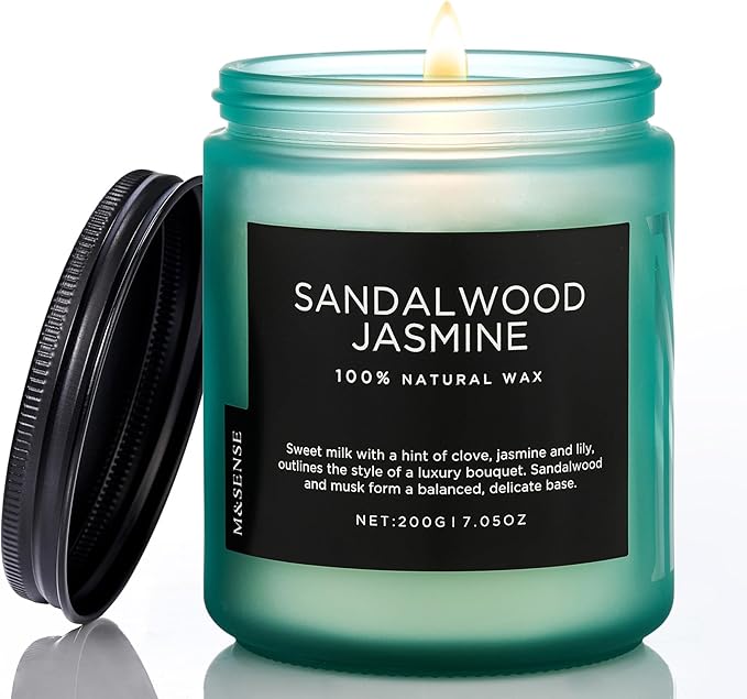 M&SENSE Sandalwood Jasmine Scented Candles, Natural Soy Wax Best Smelling Candle 7.05oz 50 Hour Burning，Floral Non Toxic Single Cotton Wick Aromatherapy Gifts for Women Friend-Ruum Studio Home