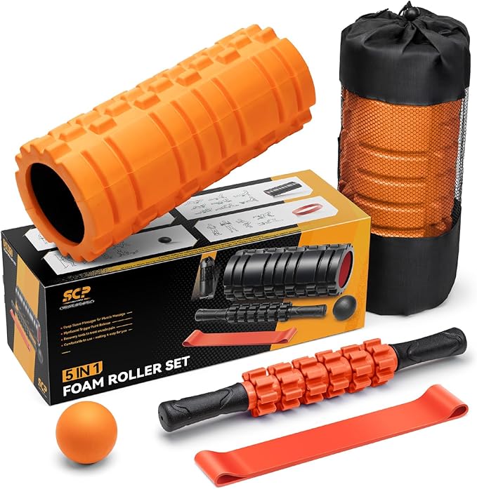 5 in 1 Foam Roller Set for Deep Tissue Muscle Massage, Trigger Point Fitness Exercise Foam Roller, Massage Roller, Massage Ball, Stretching Strap, for Whole Body (Orange-New)-Ruum Studio Home