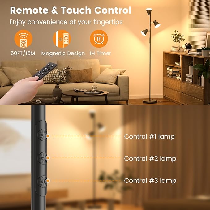 36W LED Tree Floor Lamp, Dimmable Tall Standing Lamp with Remote & Touch Control, 4 Color Temperatures Bright Floor Lamp, 3 Rotatable Light Modern Floor Lamps for Living Room Bedroom Office-Ruum Studio Home