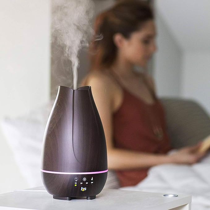 HealthSmart Essential Oil Diffuser, Cool Mist Humidifier and Aromatherapy Diffuser with 500ML Tank Ideal for Large Rooms, Adjustable Timer, Mist Mode and 7 LED Light Colors, Brown-Ruum Studio Home