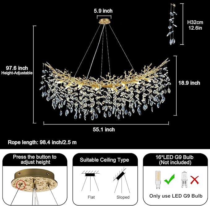 Modern Crystal Gold Chandelier, 55" Large Rectangular Oval Tree Branch Crystal Chandeliers for Dining Room,16-Light Flush Mount K9 Crystal Chandeliers, for Kitchen Island,Dining Room-Ruum Studio Home