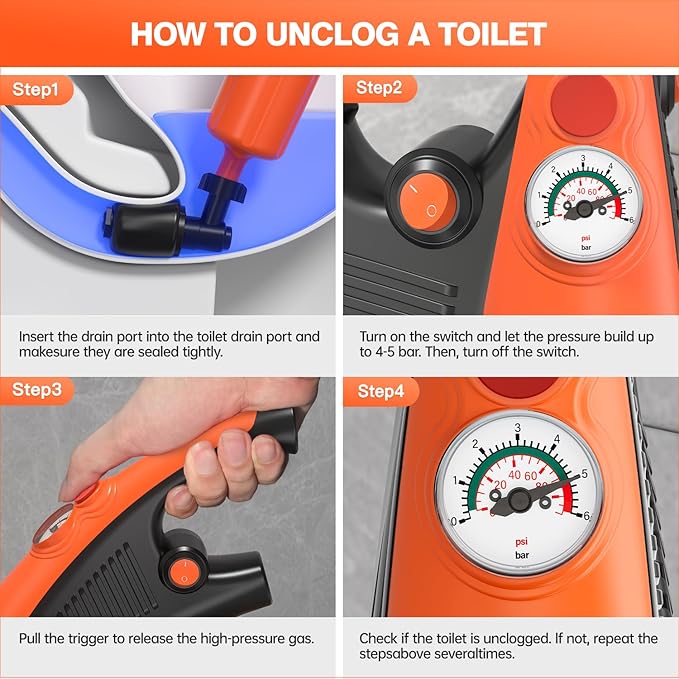 Toilet Plunger, Drain Clog Remover, High-Pressure Air Drain Blaster with Real-Time Barometer Powerful Drain Snake Sink Plunger Plumbing Tools Plungers for Bathroom, Sink, Floor, Kitchen Clogged-Ruum Studio Home