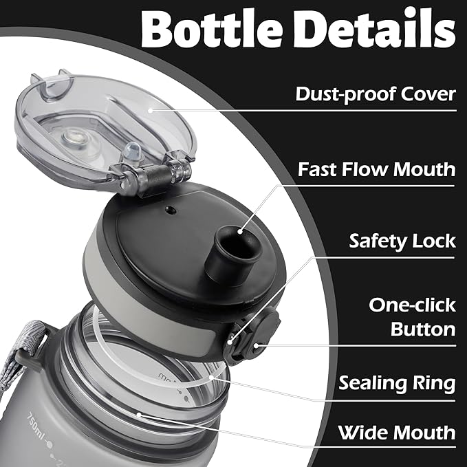 OLDLEY 25 oz Water Bottle, Motivational Water Bottle with Time Marker, Sports Water Bottle With Strap, Leakproof & BPA Free Large Water Bottles for School, Gym, Travel, Outdoor, Tritan,Gray-Ruum Studio Home