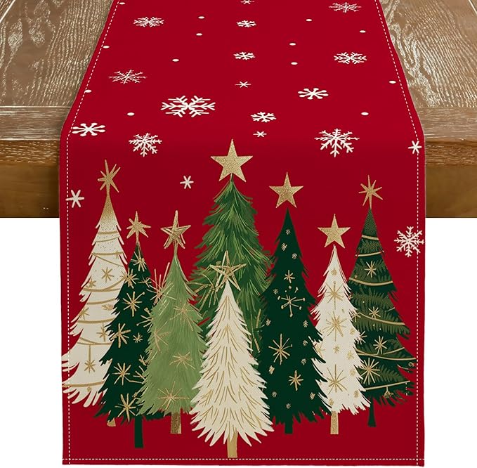 GEEORY Christmas Table Runner 13x108 Inch, Xmas Trees Snowflakes Holiday Decorative Farmhouse Table Decoration for Kitchen Dinning, Indoor Outdoor Dinner Party Decor (Red) GT150-108-Ruum Studio Home