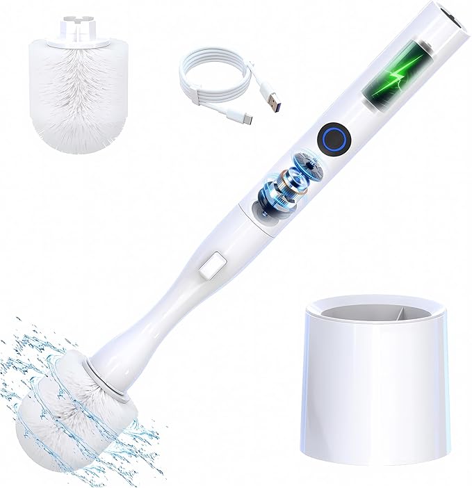 Electric Toilet Brush, HKFIF Toilet Brush with Holder, 360 Degree Powerful Cleaning Easily Eliminate Stains and Residue, 2 Speeds Rechargeable Motorized Toilet Scrubber-Ruum Studio Home