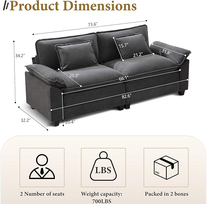 URRED Modular Sectional Sofa Comfy Cloud Couch, Modern Velvet Sofa Sleeper Deep Seat Couches with Ottoman/Pillows for Living Room (Dark Gray, 82.6'')-Ruum Studio Home
