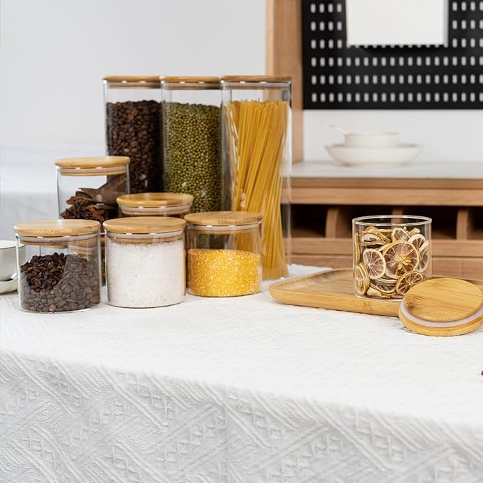70oz Straight cylindrical Airtight Storage Jars with Bamboo Lid Set of 3 Storage Container Glass Jars, Kitchen Canister for Noodles, Pasta and Coffee beans (‎with Black Lable)-Ruum Studio Home