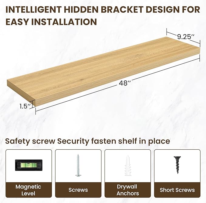 48 Inch Floating Shelves, 12 Inch Deep Floating Shelves for Wall, Large Floating Shelf with Invisible Brackets, Deep Shelves for Bathroom, Bedroom, Living Room, 1 Pack, Natural-Ruum Studio Home