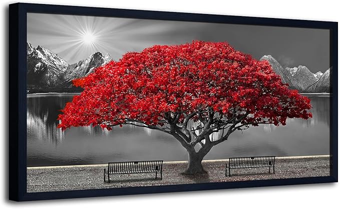 Black and White Red Tree Wall Art Canvas Print Picture Large Red Tree Landscape Modern Artwork for Living Room Bedroom Office Home Wall Decor With Frame 29X58inch Black Framed-Ruum Studio Home