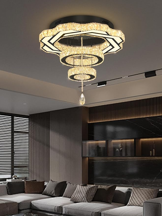 Flashing God Modern Crystal Chandeliers Dia 24" Black Chandelier Flush Mount Ceiling Light for Bedroom Living Room Dining Room Hallway Dimmable 3 Rings LED Celing Lighting Fixtures-Ruum Studio Home