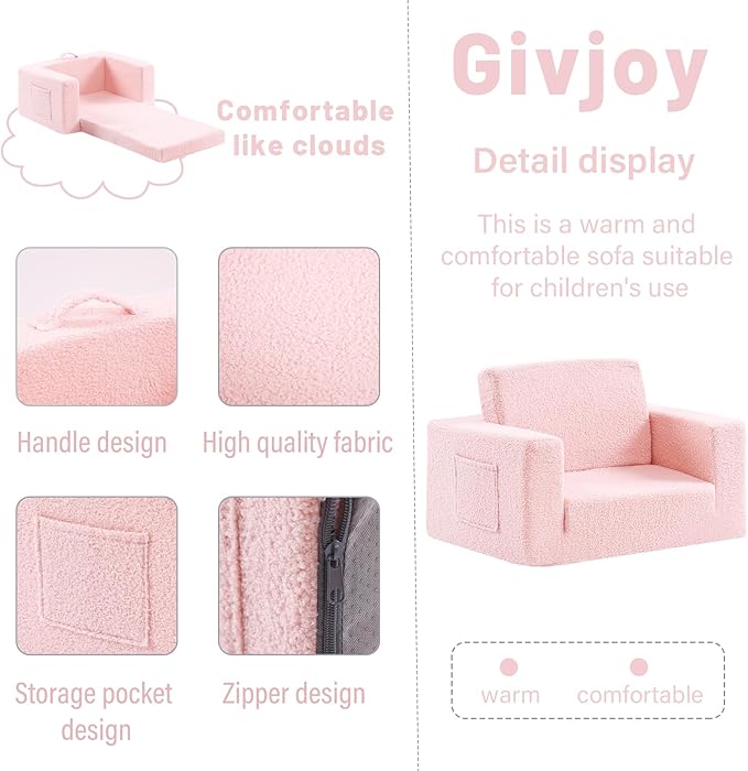 2-in-1 Toddler Chair Sherpa Couch - Soft Kids Lounger for Bedroom, Convertible Sofa for Girls and Boys, Reading Chair, Pink-Ruum Studio Home