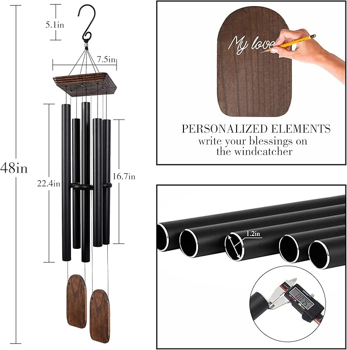 48" Large Wind Chimes for Outside Deep Tone, Wood Wind Chimes Outdoor Clearance, Memorial Gifts for Mother's Day and Christmas, Outdoor Decor for Garden, Patio, Yard(Big Wind Chime, Black)-Ruum Studio Home