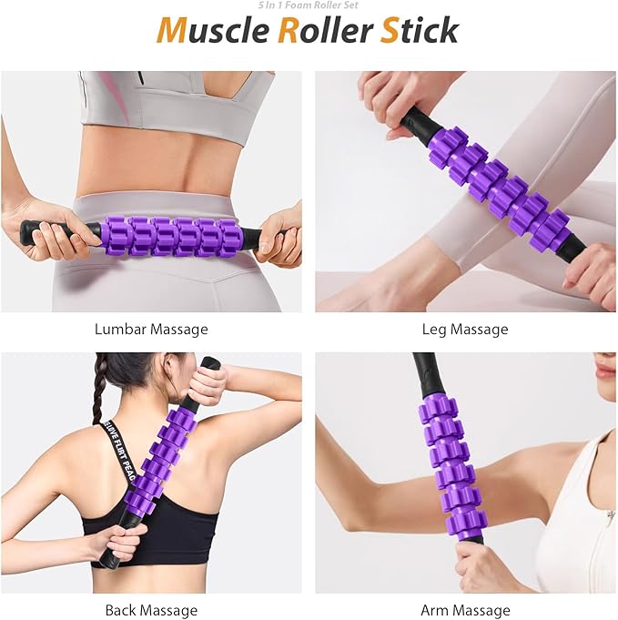 5 in 1 Foam Roller Set for Deep Tissue Muscle Massage, High Density Trigger Point Fitness Patented Exercise Foam Roller, Massage Roller, Massage Ball, Resistance Band, for Whole Body(Purple)-Ruum Studio Home