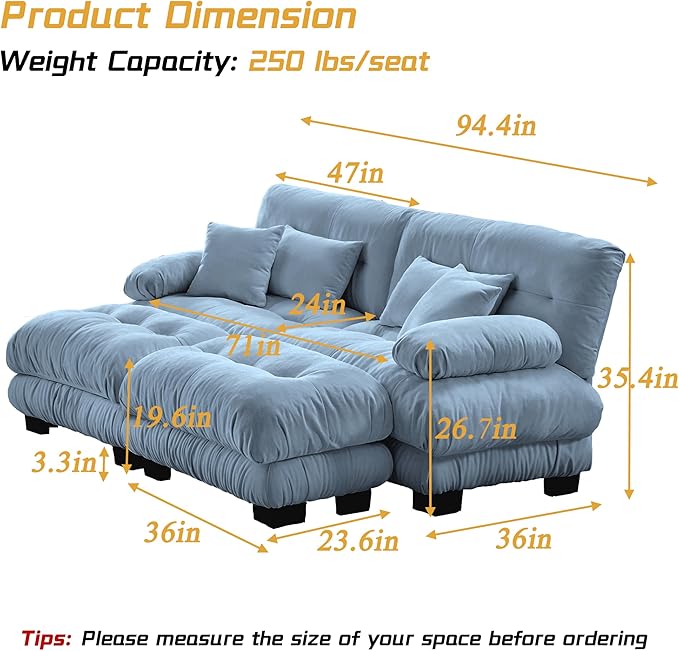 Modular Sectional Sofa, Comfy Cloud Couch Oversized Loveseat with Ottoman, Sectional Couches for Living Room, Modern Chenille U Shaped Couch, Sleeper Deep Seat Sofa with Throw Pillows, Blue-Ruum Studio Home