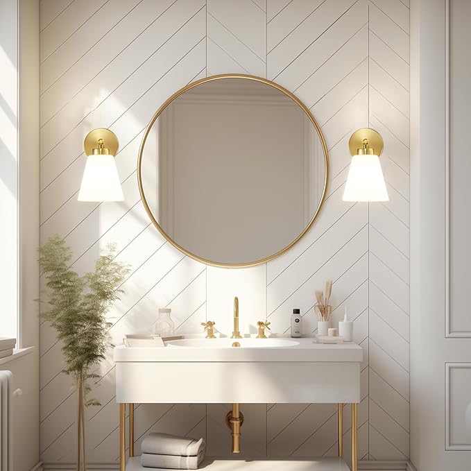 Hamilyeah Gold Sconces Wall Lighting Set of Two with Frosted Glass Shade, Industrial Bathroom Lighting Fixture with Milk Shade, Modern Brass Vanity Sconce Lighting for Bedroom, Living Room-Ruum Studio Home