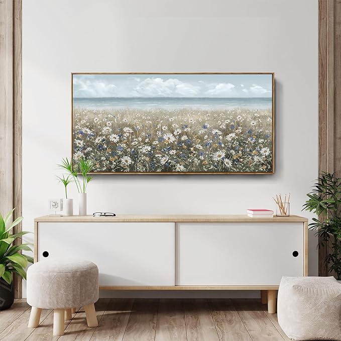 amatop Large Wall Art for Living Room Framed Boho Beach Coastal Floral Ocean Wall Picture Farmhouse Daisy Flower Sea Canvas Print Nautical Neutral Vintage Warm Artwork Home Bedroom Office Decor 48x24-Ruum Studio Home
