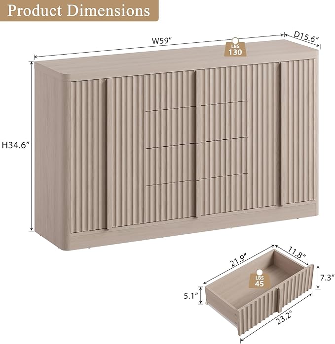 Buffet Cabinet with Storage, 60" Fluted Coffee Bar Cabinet with 4 Drawers & 2 Doors, Solid Wood Handle, Credenza Accent Storage Cabinet for Kitchen Living Dining Room, Natural Oak(1PCS)-Ruum Studio Home