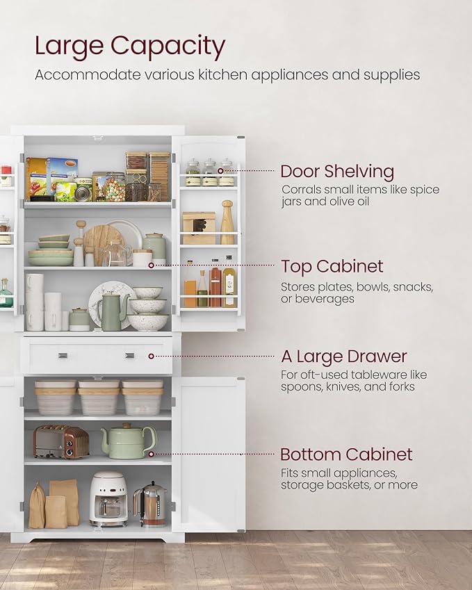 VASAGLE Pantry Cabinet, 71.7-Inch High Freestanding Tall Cupboard Storage Cabinet with a Drawer, 2 Cabinets, 4 Adjustable Shelves, 6 Door Shelves, for Living Room, Kitchen, White UBBC561P31V2-Ruum Studio Home