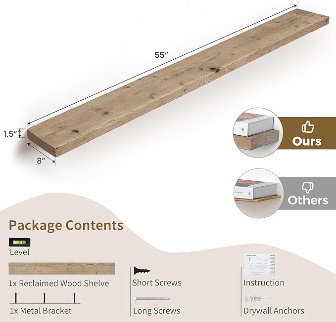 Solid Wood Floating Shelves, 8" Deep Rustic Reclaimed Barnwood Wall Hanging Floating Shelf with Invisible Heavy-Duty Metal Bracket | Wall Mounted | Farmhouse Style | 55 inches,1PC,Natural-Ruum Studio Home