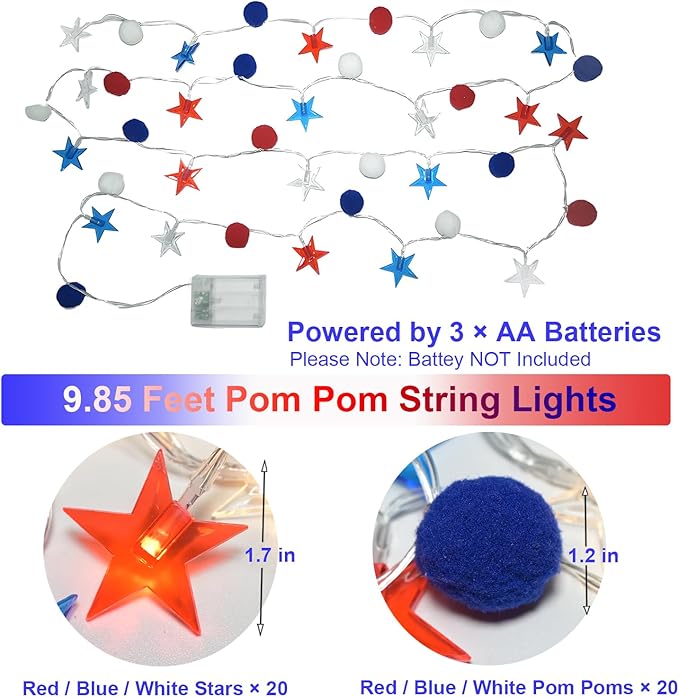 4th of July Decorations 9.85FT Red White and Blue Star String Lights Pom Pom Star Lights Battery Operated with Timer Fairy Lights for Independence Day Memorial Patriotic Fourth of July Decor for Home-Ruum Studio Home