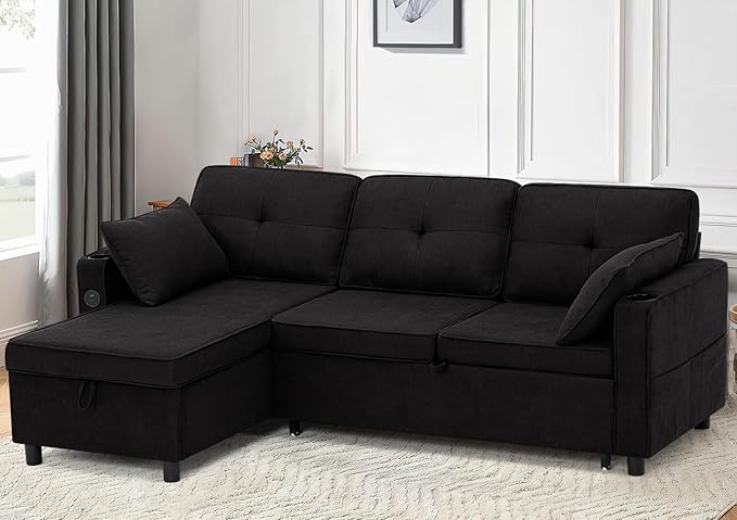 84 Inches Fabric Sectional Sofa w/Pull Out Sofa Bed & Adjustable Back, Tufted L Shaped Couch w/Storage Chaise, Sleeper Sectional Sofa w/USB Port & Cup Holders for Living Room, Black-Ruum Studio Home