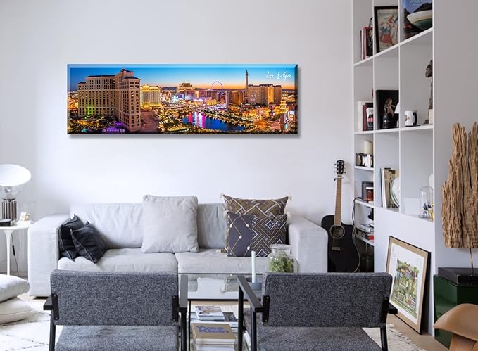 Las Vegas Skyline Wall Art Cityscape Canvas Prints City Modern Building Posters Bellagio Fountain Skyscraper Night View Panoramic Pictures for Home Office Living Room Decor Framed 13.8"x45.3"-Ruum Studio Home