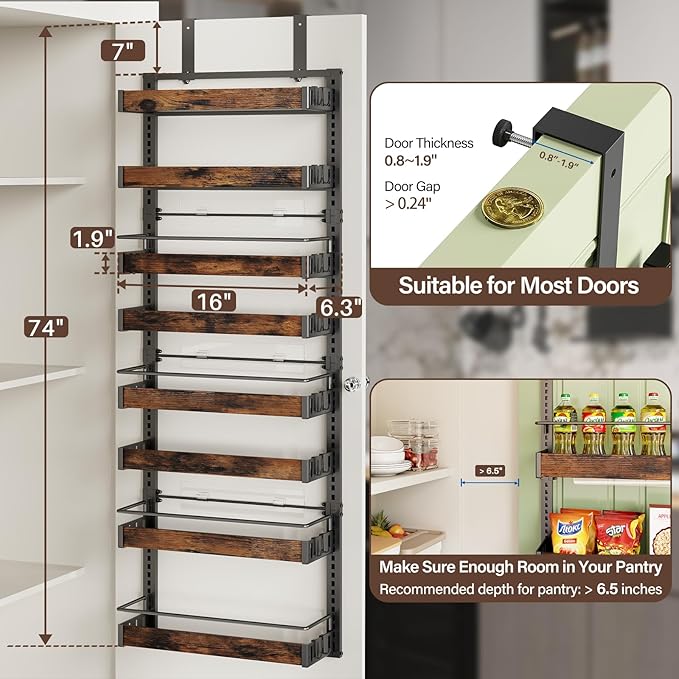 8 Tier Over The Door Pantry Organizer, 2 IN 1 Wall Mount or Metal Hanging Spice Rack for Pantry Organizers and Storage, Seasoning Shelves，Adjustable Basket with Hooks for Kitchen, Bathroom,Laundry-Ruum Studio Home