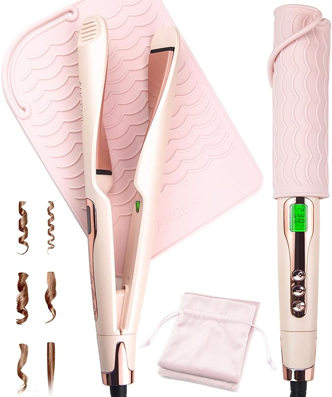 ANGENIL Pro Twist Flat Iron Hair Straightener, 2 in 1 Straightener and Curling Iron for Women, Round Pink Dual Voltage Hair Straightener with Silicone Heat Resistant Mat, 20s Fast Heating, LCD Display-Ruum Studio Home