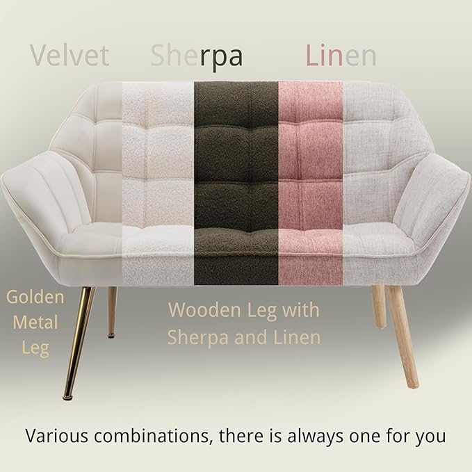 48”Small Loveseat Sofa, Modern Linen Upholstered Mini Couch 2-Seater Fluffy Love Seat with Quilting Backs and Wood Legs for Small Space Living Room, Bedroom, Pink-Ruum Studio Home