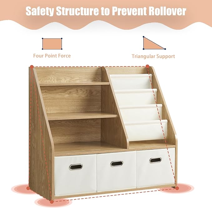 Kids Bookshelf and Toy Storage Organizer, Montessori Nursery Book Shelves with 3 Tier Sling Rack & Fabric Toy Bins, Children Toddler Baby Bookshelf, Wooden Toy Shelf for Kids Room Playroom-Ruum Studio Home