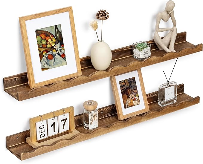Fun Memories Picture Ledge Shelf for Wall, 36 inch Pine Wood Nursery Book Shelves Set of 2- Wall Book Shelves for Kids Room, Home Decor - Kitchen Spice-Carbonized-Ruum Studio Home