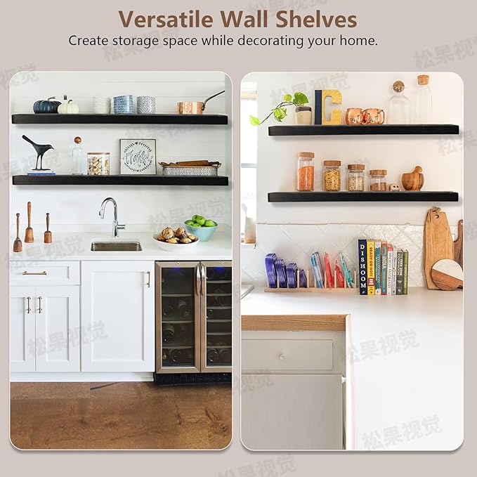 Solid Wood Floating Shelves Set of 2 - Natural, Warp & Crack Resistant 35.43 Inch Wall Shelf with Invisible Brackets Thicker, More Durable for Bathroom, Bedroom, Kitchen, Living Room (Black, 35.43)-Ruum Studio Home