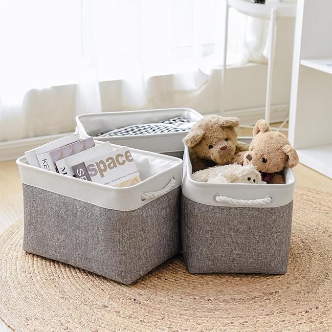 TheWarmHome Organization and Storage Basket for Organizing - 3 Pack 16x12x12 inch Cube Storage Bin Fabric Storage Cubes for Organizer Cloth Gift Toy Closet (White & Grey)-Ruum Studio Home