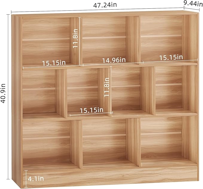 LEYAOYAO 10 Cube Bookshelf with Base,3 Tier Mid-Century Modern Grey Bookcase,Standing Wide Bookshelves Storage Organizer Shelf,Rustic Wood Display Cabinet Book Shelves for Bedroom,Living Room,Office-Ruum Studio Home