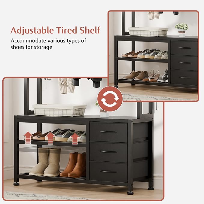 Lulive Hall Tree with Bench and Shoe Storage, 31.5" Coat Rack Freestanding with 2-Tier Storage Shelf, 6-in-1 Entryway Bench Coat Rack with 12 Hooks and 3 Drawers(Black)-Ruum Studio Home