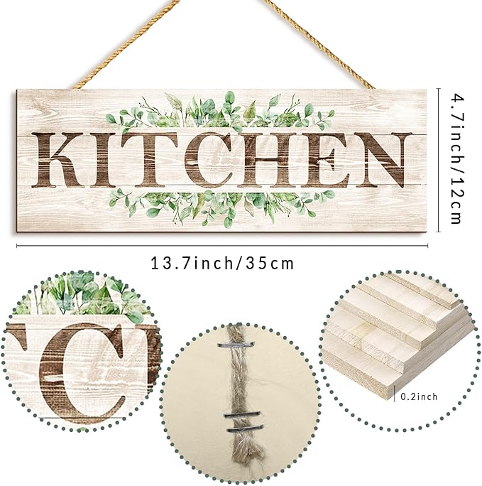 Kitchen Sign Wall Decor, Kitchen Wall Art with Plant Print, Rustic Farmhouse Wall Hanging Plaque Home Kitchen Decorative Kitchen, 4.7 x 13.7 inches-Ruum Studio Home