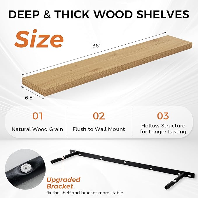 Fun Memories Floating Shelves for Wall, 36" Rustic Wood Deep Wall Mounted Shelves with Invisible Brackets for Decor & Storage, Floating Shelf for Living Room, Bathroom (Oak, Set of 2)-Ruum Studio Home