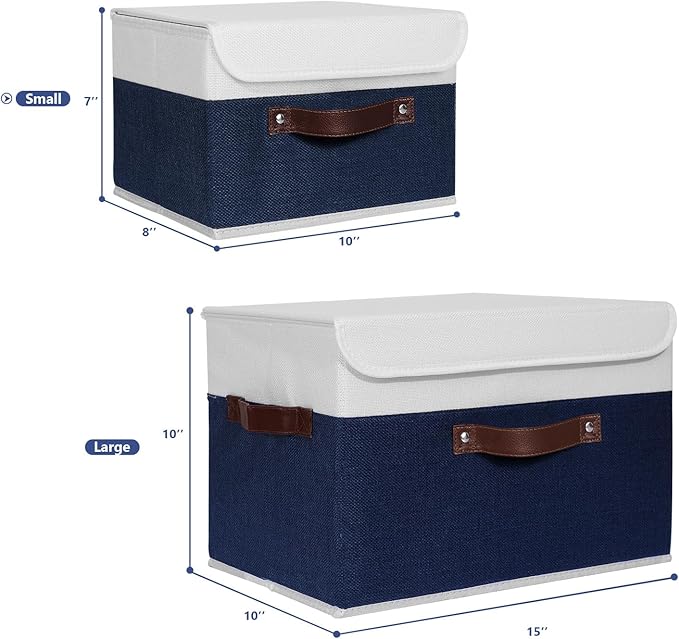 ANMINY Storage Boxes with Lids Washable Decorative Storage Bins Basket with PU Leather Handle Foldable Linen Fabric Storage Cubes Containers for Home Closet Organizer - Deep Blue White, Small Size-Ruum Studio Home